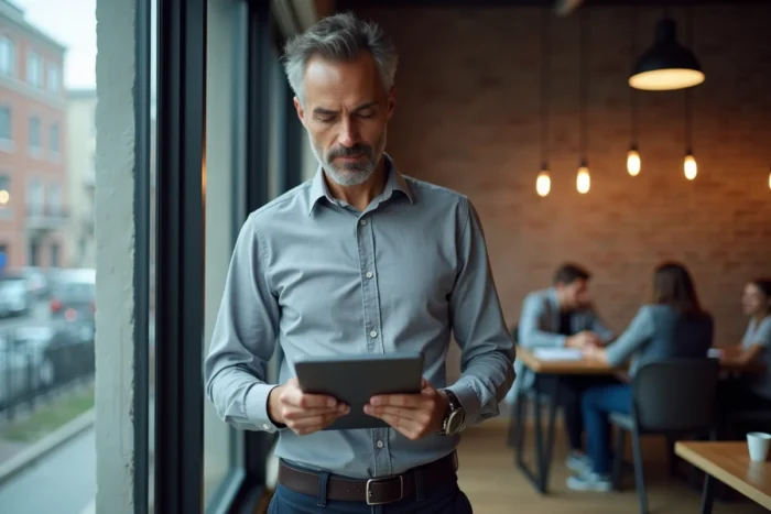 Homme consultant des offres d'emploi sur tablette dans un espace de coworking moderne