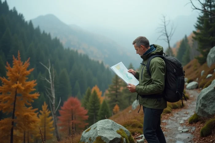 Homme en randonnée sur un sentier montagneux automnal consultant une carte topographique en pleine nature
