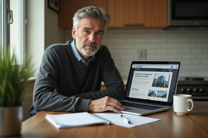 Homme effectuant des recherches sur ses droits au chômage depuis chez lui sur un site gouvernemental avec un ordinateur portable