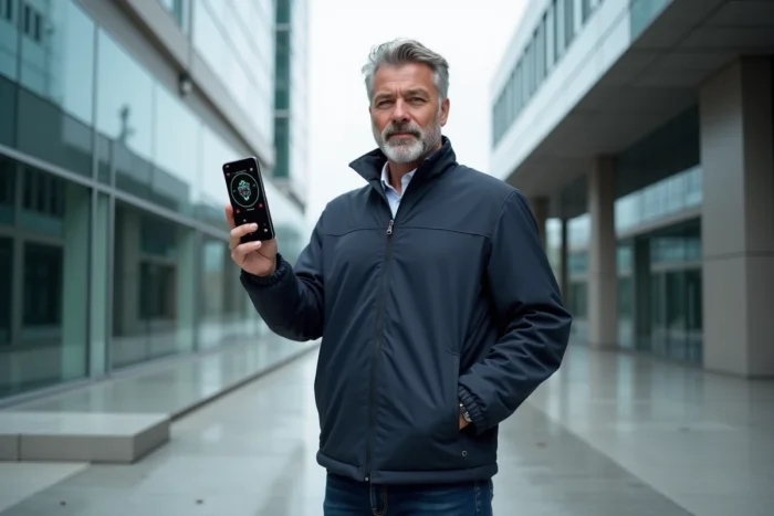 Homme tenant un smartphone pliable avec interface IA dans un environnement urbain moderne