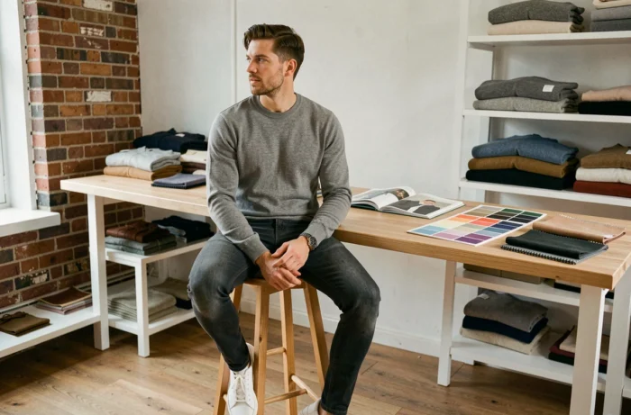 Jeune homme stylé en pull gris et jean slim consultant des échantillons de tissu et des lookbooks pour affiner son style vestimentaire masculin