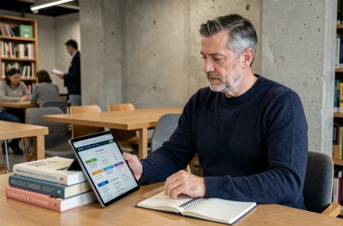 Homme consultant un plan de site santé sur une tablette dans un espace de travail partagé