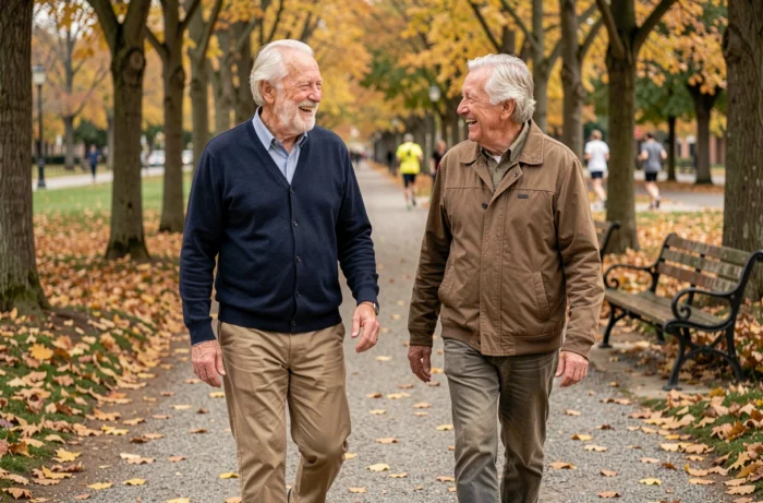 Deux hommes âgés se promenant et discutant dans un parc en automne, symbole d'une retraite active et sociale