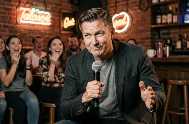 Humoriste masculin en train de faire un numéro d'humour noir sur scène dans un comedy club intimiste