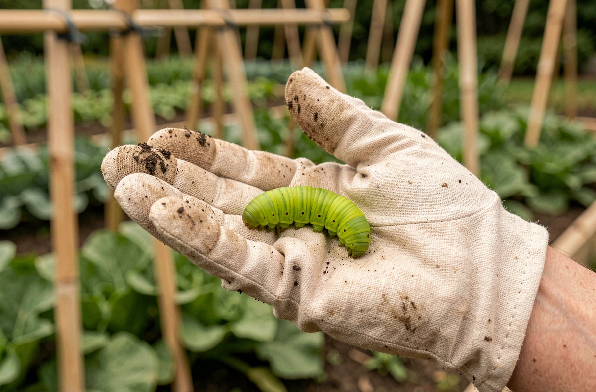 Main de jardinière tenant une chenille verte fluo pour identification au-dessus du potager