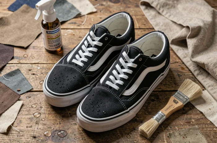 Paire de Vans Old Skool noires imperméabilisées avec spray hydrofuge et brosse sur table en bois, gouttes d'eau perlant sur la toile traitée