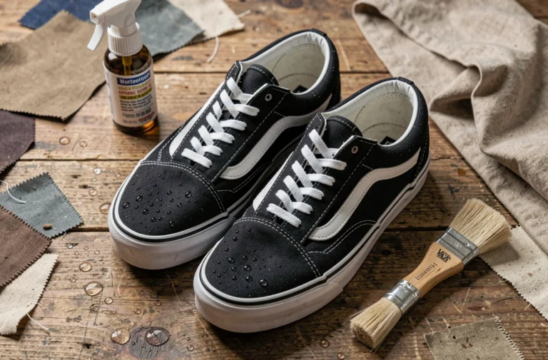 Paire de Vans Old Skool noires imperméabilisées avec spray hydrofuge et brosse sur table en bois, gouttes d'eau perlant sur la toile traitée
