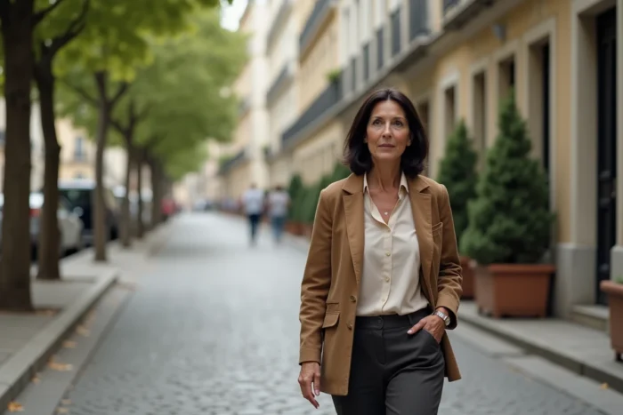 Femme élégante marchant dans une rue pavée européenne, illustrant la vie entre deux pays et l'engagement politique d'une personnalité franco-colombienne