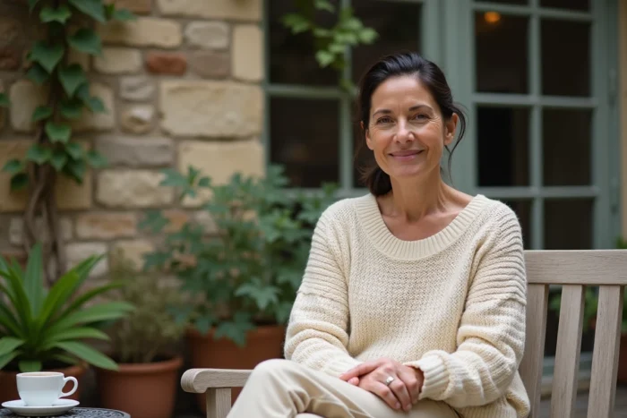 Femme sereine assise dans un jardin intérieur parisien avec un café, évoquant la vie familiale et personnelle d'Ingrid Betancourt loin de la politique