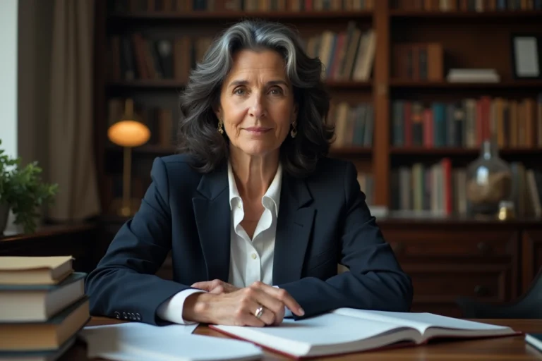 Femme politique dans la cinquantaine assise à un bureau parisien entouré de livres, évoquant la vie intellectuelle et militante d'Ingrid Betancourt