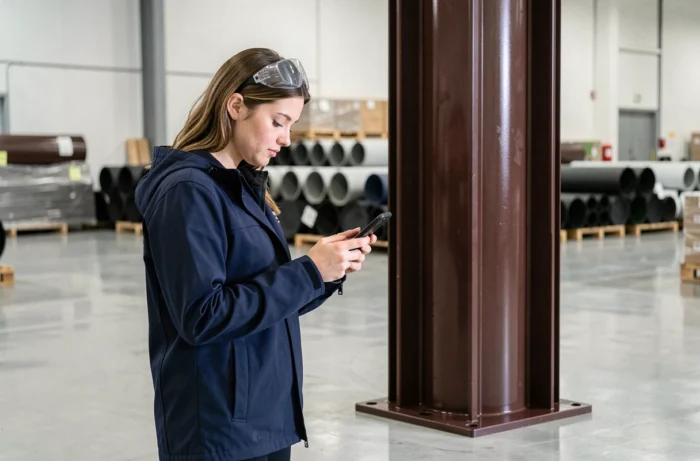 Jeune femme photographiant les marquages d'identification au bas d'une colonne en plastique brun dans un entrepôt industriel
