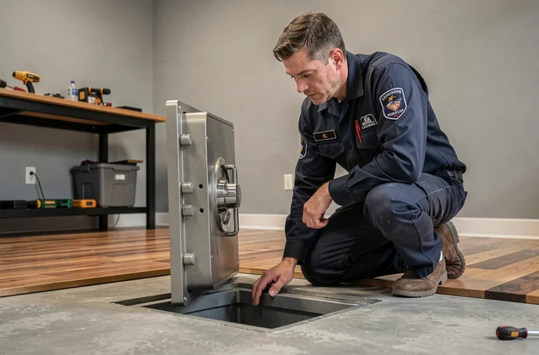 Serrurier professionnel installant un coffre-fort de sol encastré dans un plancher en béton poli d'un bureau moderne
