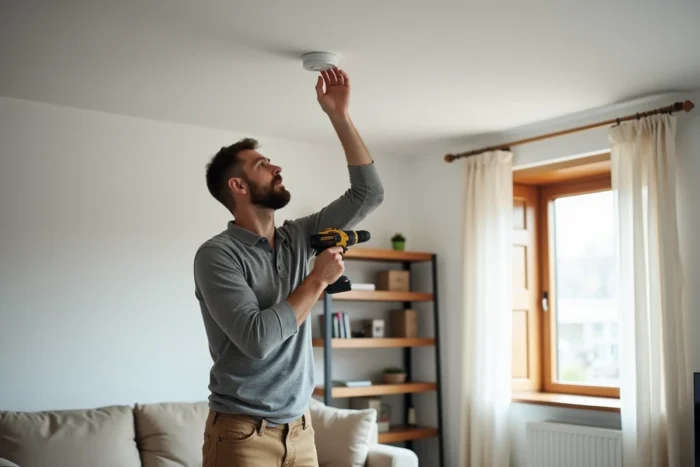 Homme installant un détecteur de fumée au plafond pour sécuriser son domicile