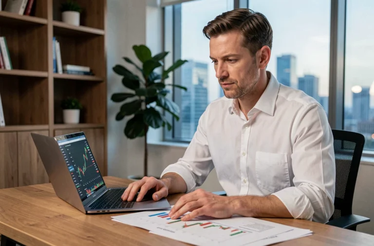 Homme en chemise blanche analysant des graphiques boursiers sur un bureau moderne avec ordinateur portable et documents financiers
