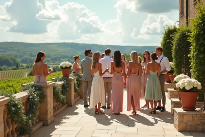 Invités d'un mariage élégant sur une terrasse en pierre avec vue sur un vignoble français, ambiance festive et conviviale en plein air
