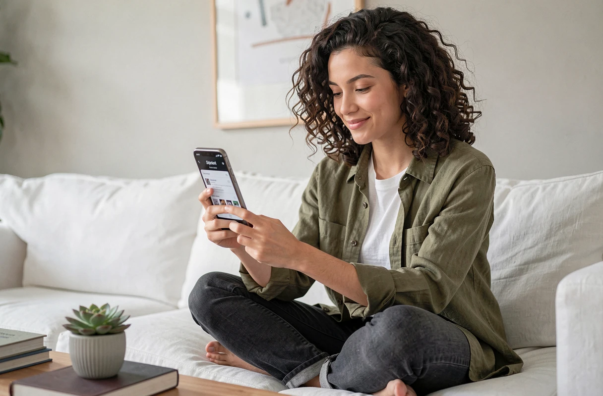 Jeune femme souriante découvrant des ebooks gratuits sur smartphone dans un salon moderne et minimaliste