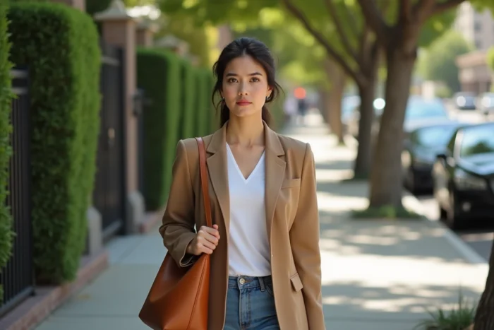 Jeune femme élégante se promenant dans un quartier résidentiel de Los Angeles, tenue décontractée chic et sac en cuir