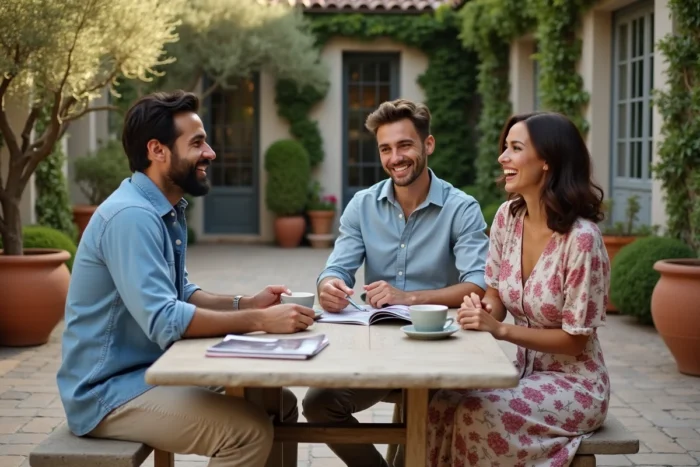 Trois jeunes adultes attablés en terrasse dans une propriété californienne, moment de convivialité autour d'un café en plein air