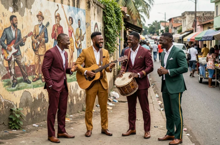 Groupe de jeunes musiciens congolais en tenues sapeur colorées dans le quartier Matonge de Kinshasa, symbolisant l'influence de Papa Wemba sur la nouvelle génération