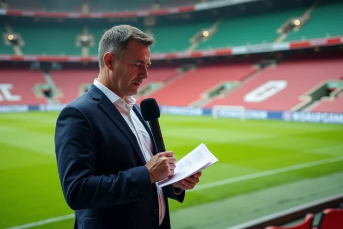 Journaliste sportif en direct depuis un stade de football professionnel, prenant des notes avant une émission en direct