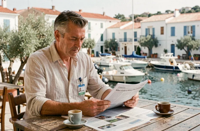 Journaliste consultant des reportages sur une terrasse de café face au port méditerranéen