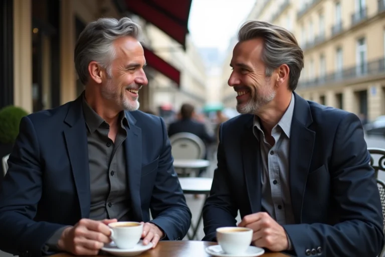 Deux hommes élégants en discussion dans un café parisien, illustrant la vie personnelle de Laurent Jacobelli