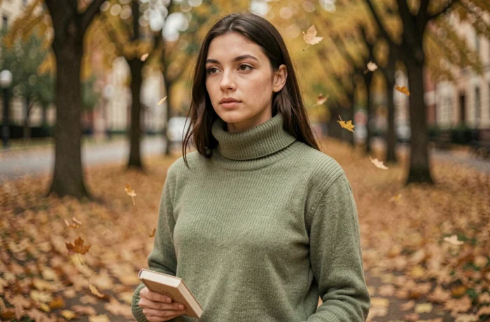 Jeune femme aux lèvres fines dans un parc automnal illustrant ce que la forme des lèvres révèle sur la personnalité