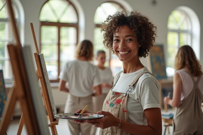 Femme participant à un atelier de peinture artistique en communauté