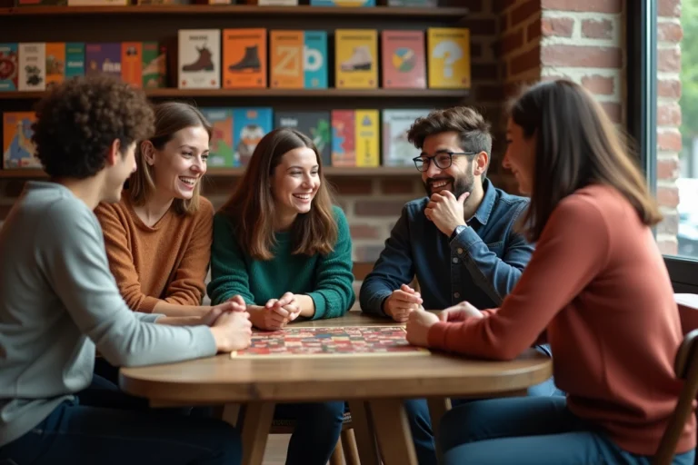 Groupe d'adultes jouant à des jeux de société dans un café ludique convivial