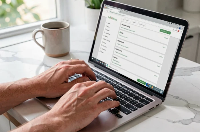 Gros plan de mains naviguant sur le plan du site Néo Santé depuis un ordinateur portable