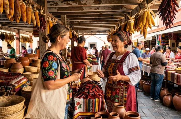 Une voyageuse examine des textiles artisanaux avec une vendeuse en tenue traditionnelle sur un marché local coloré à Oaxaca, Mexique