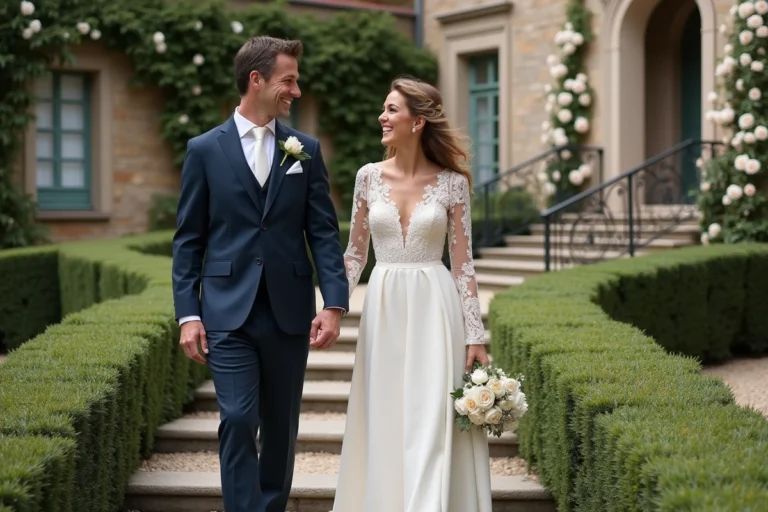 Couple de mariés complices sur les marches d'un château français, robe en soie ivoire et costume bleu marine, atmosphère élégante et intime