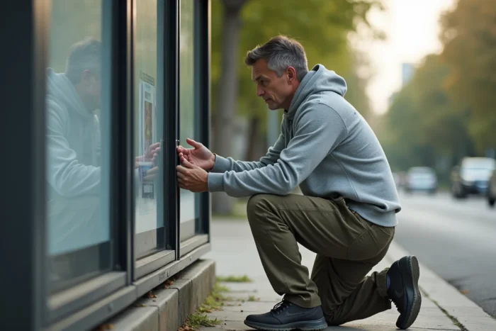 Homme inspectant le mécanisme d'un cadre d'affiche dans un abribus