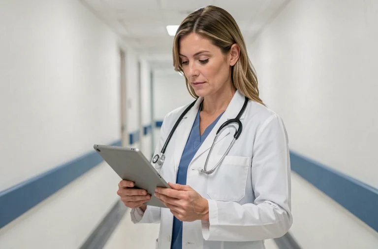 Médecin femme en blouse blanche consultant un dossier médical sur tablette dans un couloir d'hôpital moderne