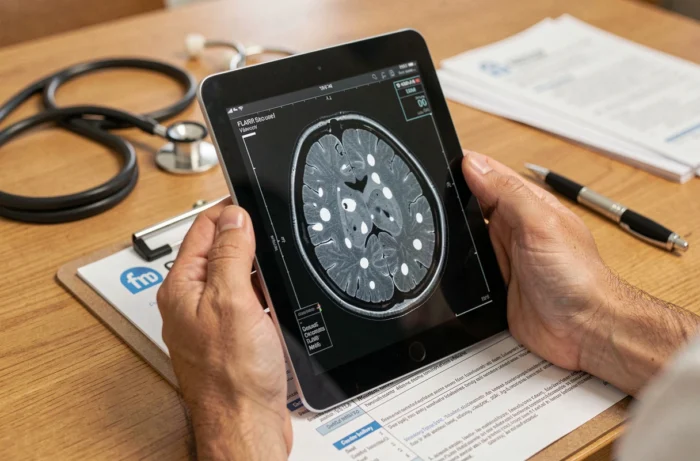 Médecin consultant une IRM cérébrale avec hypersignal sur tablette numérique dans un cabinet médical