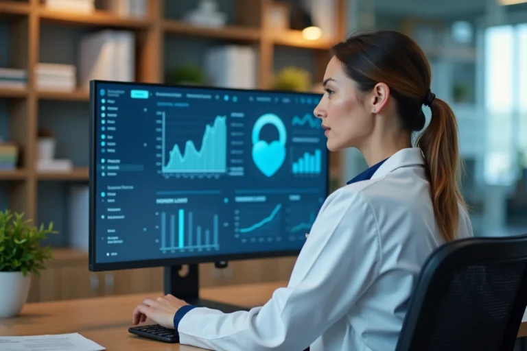 Médecin utilisant une plateforme numérique de gestion de cabinet médical sur son ordinateur de bureau
