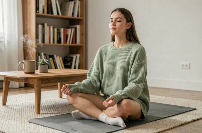 Jeune femme en méditation sur un tapis de yoga dans un salon minimaliste pour illustrer la gestion du stress et le bien-être mental