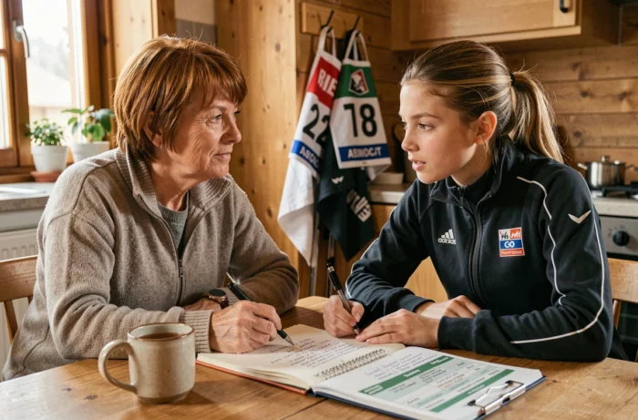 Mère et jeune athlète de ski discutant d'un planning d'entraînement dans une cuisine de chalet de montagne