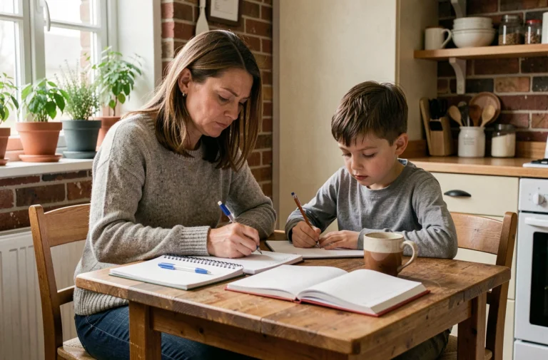 Mère célibataire aidant son fils à faire ses devoirs à la table de cuisine, moment de complicité familiale quotidienne