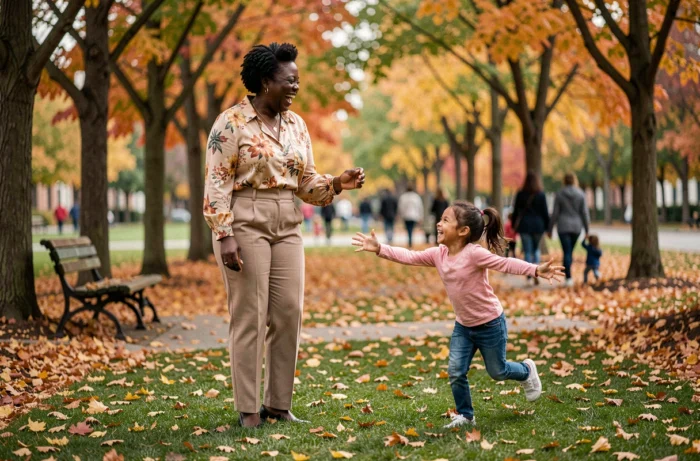 Mère célibataire et sa fille partageant un moment de joie dans un parc en automne, lien affectif mère-enfant