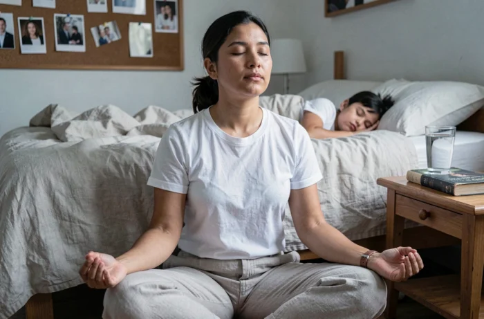Mère célibataire en moment de répit méditatif dans sa chambre pendant que son enfant dort, résilience et épuisement parental