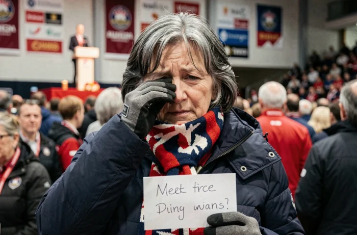 Mère émue lors d'une cérémonie de remise de médailles olympiques tenant une pancarte de soutien dans une salle de sport