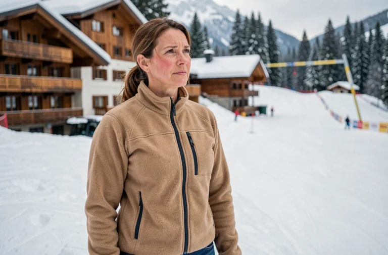 Mère fière observant une compétition de ski alpin depuis le bord de la piste enneigée dans une station alpine