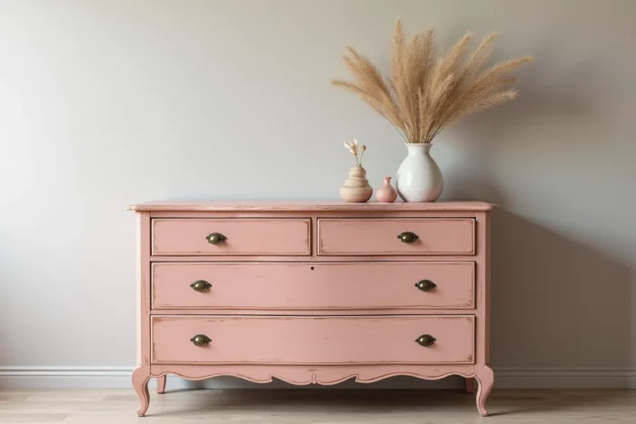 Commode chinée en ressourcerie relookée avec une peinture rose craie, décorée de vases céramiques et de fleurs séchées