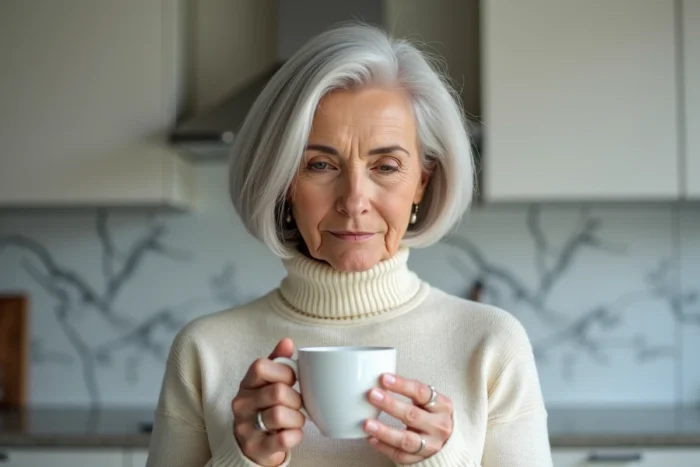 Femme de 70 ans arborant un micro-bob au niveau de la mâchoire en argent platine