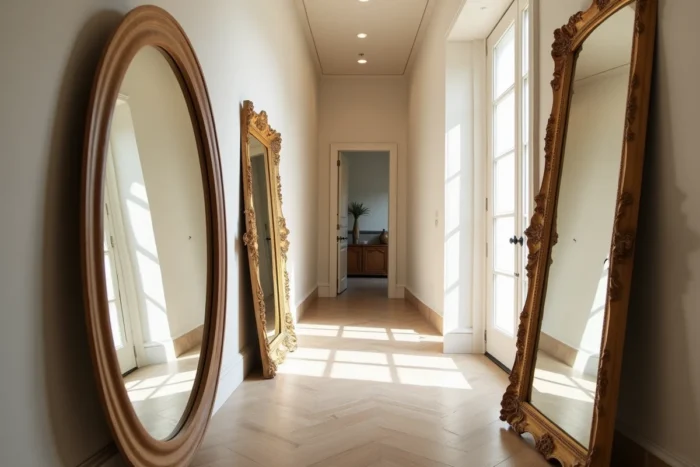 Trois miroirs récupérés de formes différentes disposés dans un couloir étroit pour agrandir visuellement l'espace
