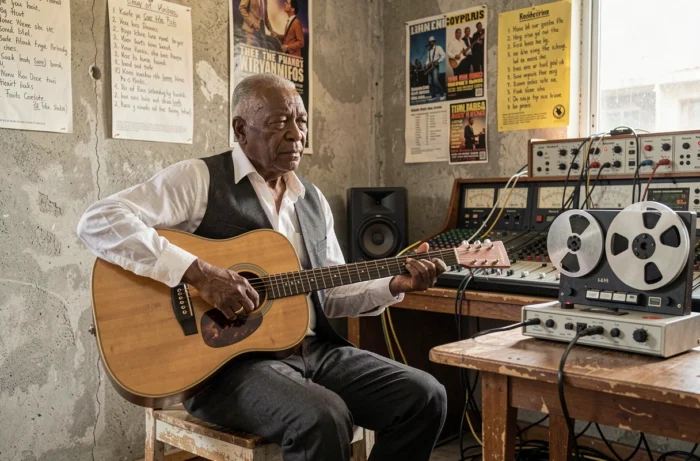 Musicien congolais âgé dans un studio d'enregistrement vintage de Kinshasa, guitare acoustique posée sur les genoux, entouré de partitions et d'affiches de concerts