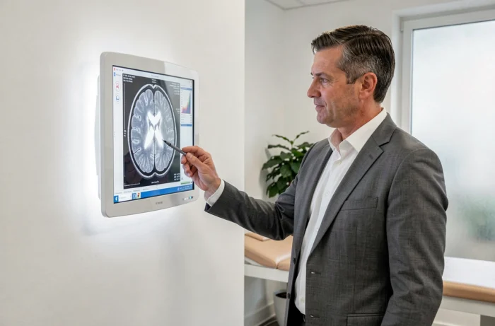 Neurologue masculin présentant un hypersignal IRM sur panneau lumineux en salle de consultation hospitalière