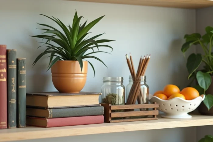 Objets du quotidien détournés en éléments décoratifs : cagette en bois, bocaux en verre, livres empilés et passoire céramique