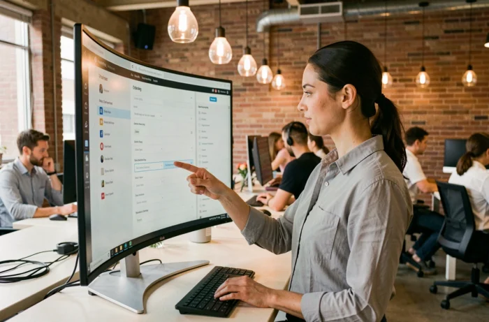 Femme paramétrant un logiciel de productivité sur un grand écran dans un espace de coworking moderne